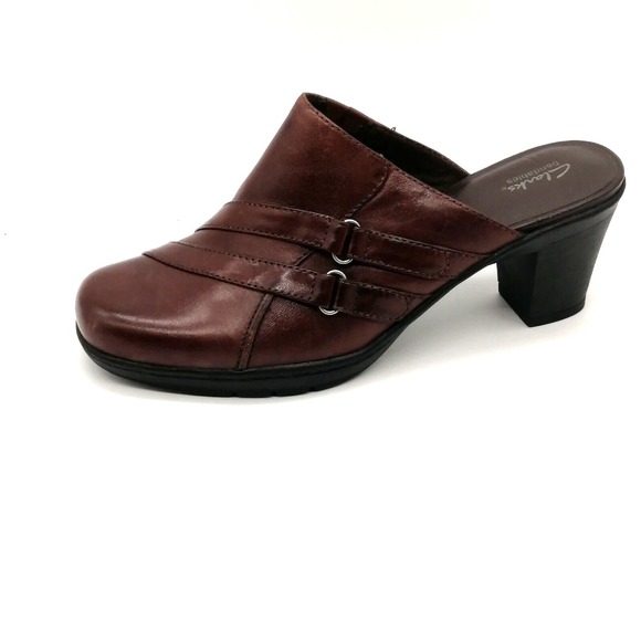 Clarks Shoes - Clarks Womens Mules Brown Leather Block Heel Round Toe Elastic Insets 7.5